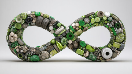 Green infinity symbol made from reusable products like bottle, tire, fabric and metal, concept of endless reuse