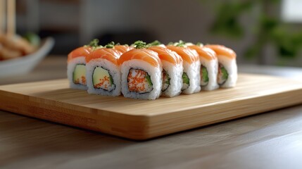 Delicious Salmon Sushi Rolls on Wooden Board