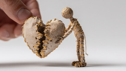 Fototapeta premium Human figure holding broken heart stitched with golden thread, symbol of emotional healing