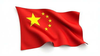 Photorealistic Chinese flag with one large and four smaller yellow stars on a red background. Realistic fabric texture with natural folds. Isolated on white background.