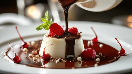 Gourmet Panna Cotta with Chocolate Sauce and Berries