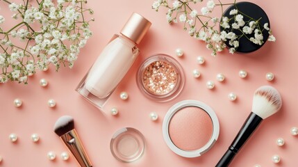 Cosmetics and Beauty Products Flat Lay on Pink Background