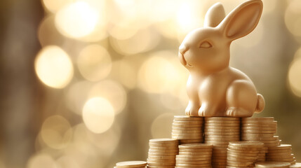 A chubby golden rabbit sits atop a high stack of neatly arranged gold coins with a luxurious golden bokeh background symbolizing business value and prosperity.