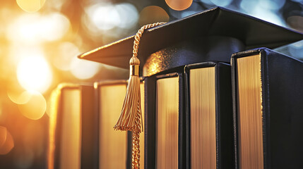 A graduation cap and gown placed on a stack of books symbolizing academic achievement with a beautiful bokeh effect and warm orange lens flare.