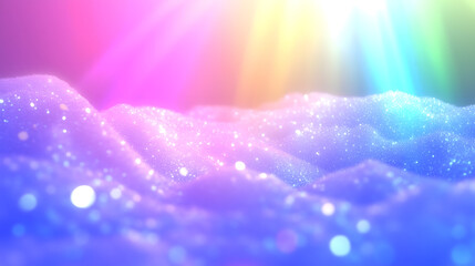 A large pile of clear glass fragments with colorful bokeh, featuring a pastel gradient rainbow glow, fine white bubbles, and abstract layered wave formations resembling towering mountains.