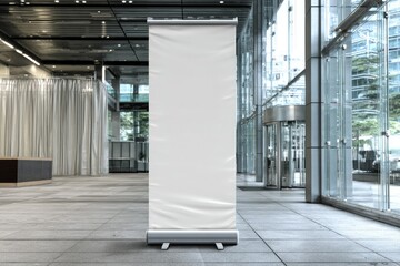 A blank retractable banner stand in a modern lobby with glass walls and a tiled floor