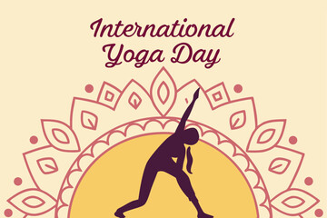 Lotus pose silhouette inside a mandala circle with ‘International Yoga Day’ below in clean script.
