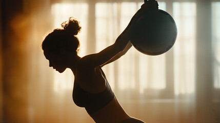 female gymnast exercises lifting a round ball from behind, with dramatic side lighting creating striking shadows.