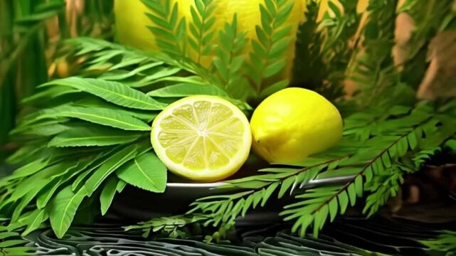 Lemon with leaves for celebration holiday sukkot, abstract vivid composition consists of background