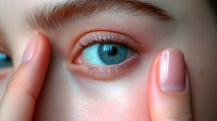 A close up of a striking turquoise blue female eye with radiant brightness framed by reddish brown eyelashes with thumb and index finger surrounding the eye.