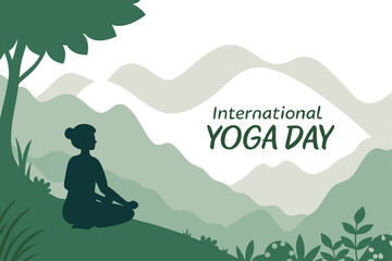 Peaceful mountain landscape with a yoga figure meditating and ‘International Yoga Day’ written in calm font.