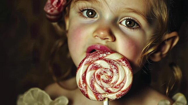 Little girl enjoys a big swirl lollipop with a playful expression in a cozy indoor setting, Child little girl funny licking a big candy lollipop