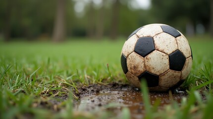 Fototapeta premium A worn black and white soccer ball resting on a grassy field with a small muddy puddle, surrounded by green grass. AI generated. 