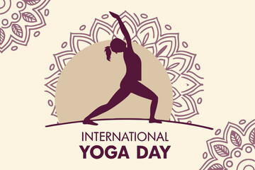 Lotus pose silhouette inside a mandala circle with ‘International Yoga Day’ below in clean script.