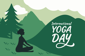 Peaceful mountain landscape with a yoga figure meditating and ‘International Yoga Day’ written in calm font.