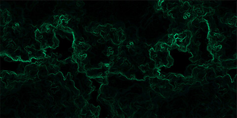 Abstract dark background composed of swirling, cloud-like textures in deep black and vibrant neon green. Electric plasma or smoke tendrils, forming glowing, intricate, organic shapes across the canvas