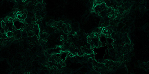 Abstract dark background composed of swirling, cloud-like textures in deep black and vibrant neon green. Electric plasma or smoke tendrils, forming glowing, intricate, organic shapes across the canvas