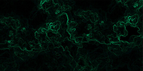 Abstract dark background composed of swirling, cloud-like textures in deep black and vibrant neon green. Electric plasma or smoke tendrils, forming glowing, intricate, organic shapes across the canvas