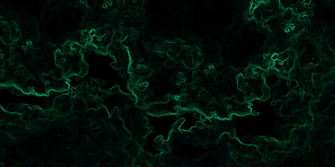 Abstract dark background composed of swirling, cloud-like textures in deep black and vibrant neon green. Electric plasma or smoke tendrils, forming glowing, intricate, organic shapes across the canvas