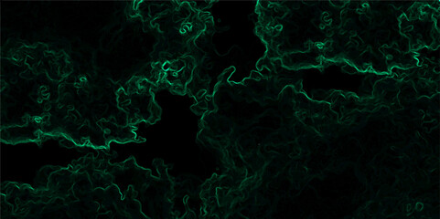 Abstract dark background composed of swirling, cloud-like textures in deep black and vibrant neon green. Electric plasma or smoke tendrils, forming glowing, intricate, organic shapes across the canvas