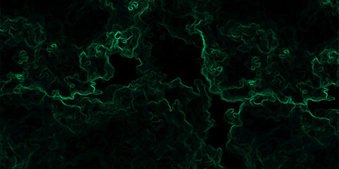 Abstract dark background composed of swirling, cloud-like textures in deep black and vibrant neon green. Electric plasma or smoke tendrils, forming glowing, intricate, organic shapes across the canvas