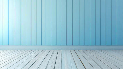 Pastel blue wooden plank walls and flooring set the stage for product display advertising and marketing promotions.