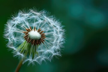 Fototapeta premium Close-up of a dandelion seed head against a blurred teal background, showcasing intricate details of the delicate seeds and stem