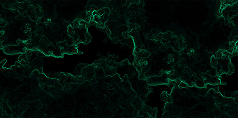 Abstract dark background composed of swirling, cloud-like textures in deep black and vibrant neon green. Electric plasma or smoke tendrils, forming glowing, intricate, organic shapes across the canvas