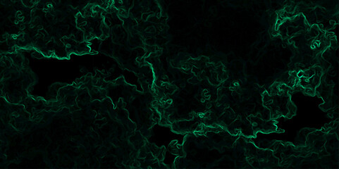 Abstract dark background composed of swirling, cloud-like textures in deep black and vibrant neon green. Electric plasma or smoke tendrils, forming glowing, intricate, organic shapes across the canvas