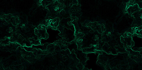 Abstract dark background composed of swirling, cloud-like textures in deep black and vibrant neon green. Electric plasma or smoke tendrils, forming glowing, intricate, organic shapes across the canvas