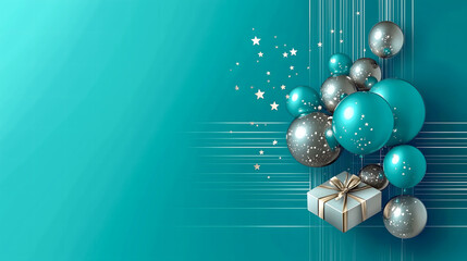 silver gift box gold ribbon decorated green and silver balloons surrounded sparkling stars green and white streaks background evoking a festive New Year Christmas and birthday celebrations.
