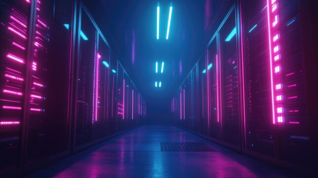 Shot of Data Center With Multiple Rows of Fully Operational Server Racks. Modern Telecommunications, Cloud Computing, Artificial Intelligence, Database.