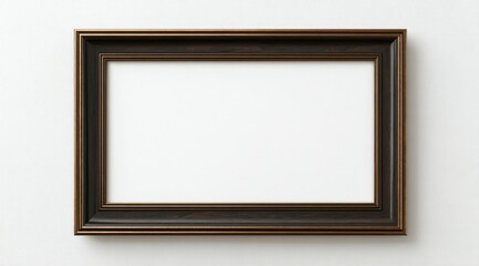 A rectangular picture frame with a dark brown wooden border and a subtle gold inner edge, sits against a plain white background.  The frame is empty, ready for a picture