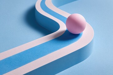 A pale pink sphere rests on a light blue and white curved pathway against a light blue background.  The image is minimalist and focuses on shape and color contrast