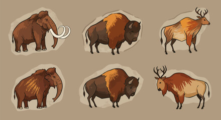 Prehistoric Animals Mammoth with Bison, and Deer Cave.
