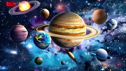 Planets gather in the solar system amidst glowing stars in a vibrant cosmic atmosphere