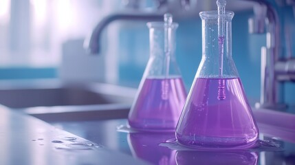 Two laboratory glass flasks filled with vibrant purple chemical solution placed on water sink surface in scientific research lab setting for chemistry experiment and education background