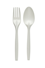 white plastic spoon and fork. bioplastic. recycle on tranparent background