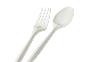 white plastic spoon and fork. bioplastic. recycle on tranparent background