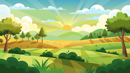 Fototapeta premium sunrise landscape in cartoon forest with trees and green hills