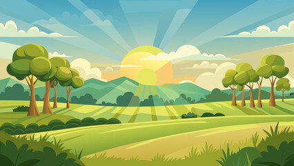 Obraz premium sunrise landscape in cartoon forest with trees and green hills