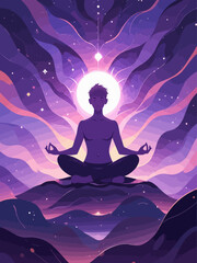 minimal energetic glowing energy field around meditating person, purple tones