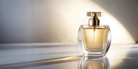 Empty perfume bottle on a sleek white surface with warm ambient light, subtle shadows, and a slight sheen effect, conveying sophistication and elegance , soft lighting, minimalist surface