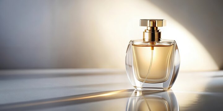 Empty perfume bottle on a sleek white surface with warm ambient light, subtle shadows, and a slight sheen effect, conveying sophistication and elegance , soft lighting, minimalist surface