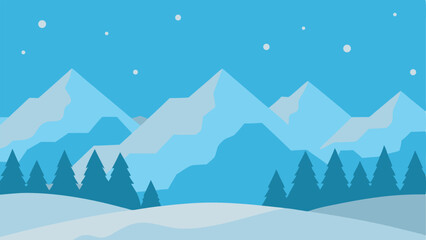 Simple winter landscape illustration featuring mountains and evergreen trees silhouettes
