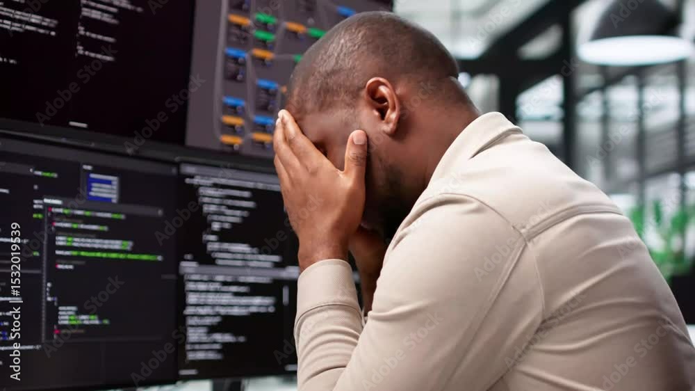 Poster Unhappy Sad Developer Programmer Man In Stress Coding Software