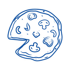 Italian pizza in doodle style. Hand drawn blue chalk crayon food sketch. Italy ingredients for dish menu, cafe, restaurant, wedding, print, invitation. Minimalist flat sticker. Charcoal vector illustr