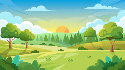 Fototapeta premium sunrise landscape in cartoon forest with trees and green hills