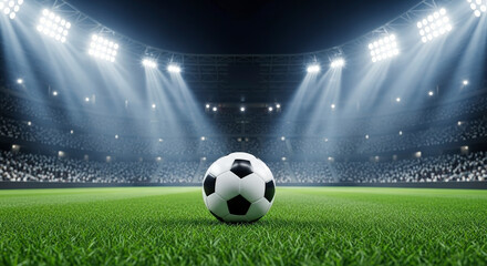 Soccer Ball Centered On Green Field Under Stadium Lights During Evening
