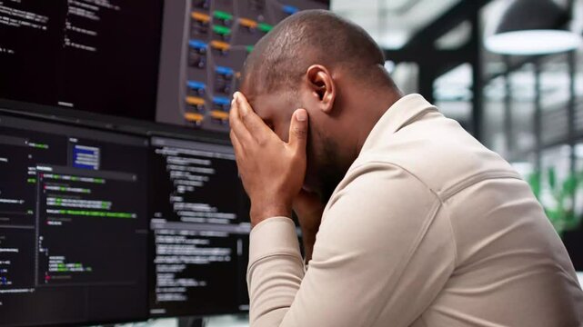 Unhappy Sad Developer Programmer Man In Stress Coding Software